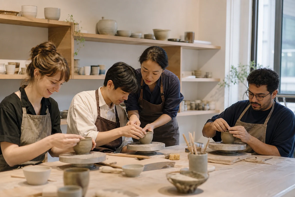 밝은 도예 공방에서 한국인 호스트와 외국인 여행객이 찻잔을 빚는 원데이 클래스 장면
