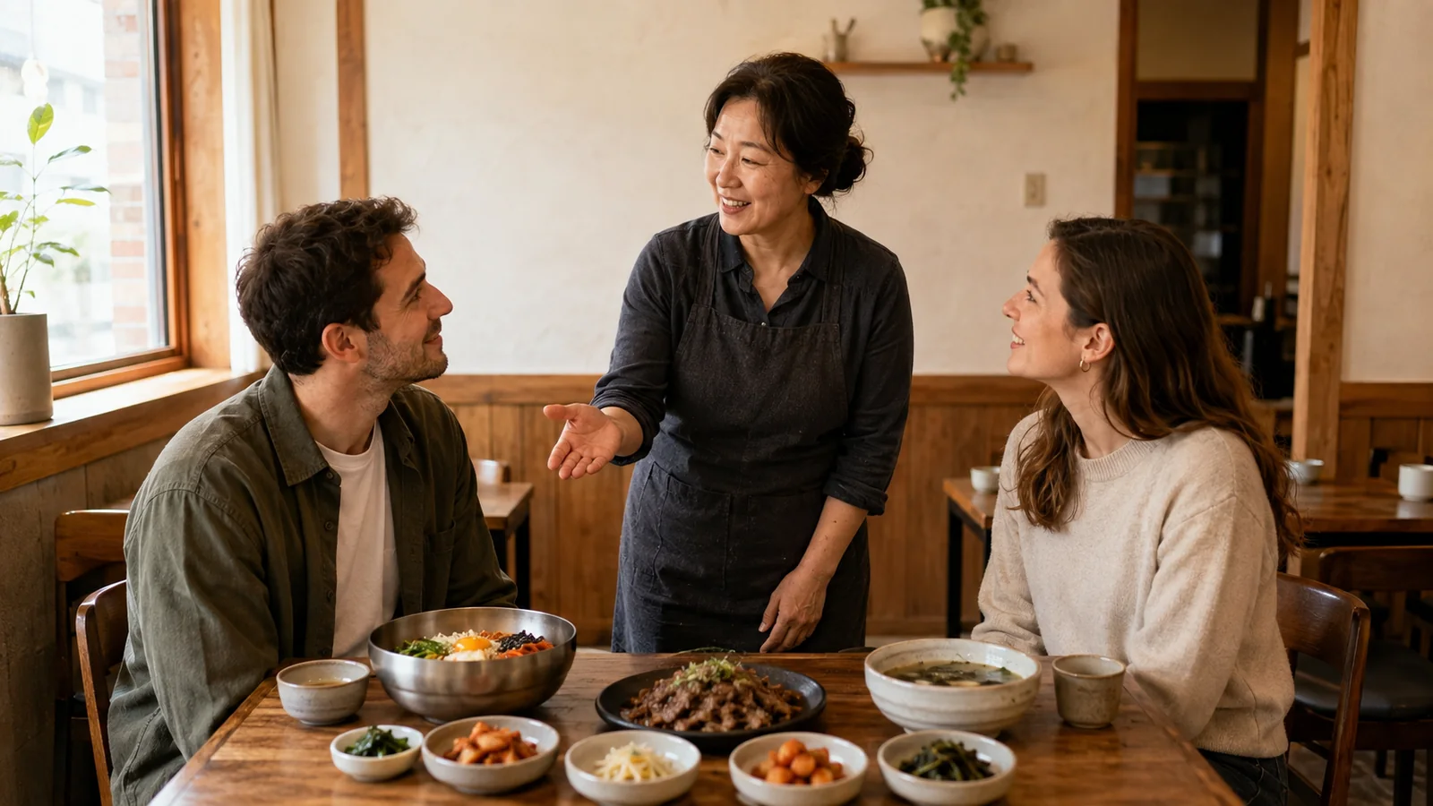 한국 음식점에서 외국인 여행객에게 한식을 소개하는 사장님과 식탁 — 인공지능 생성 연출 이미지