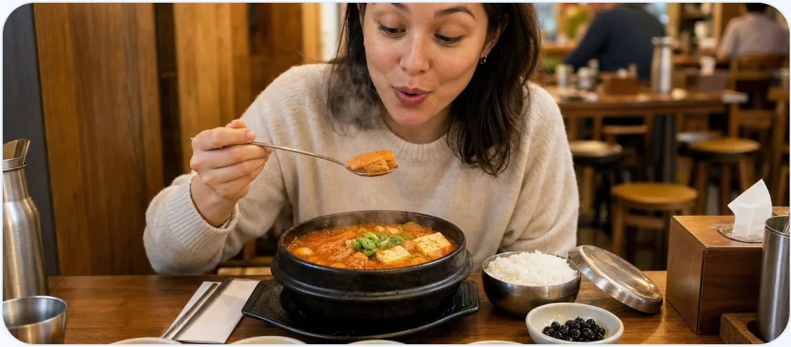 한식당에서 찌개를 맛보는 외국인 여행객을 표현한 음식점 입점 안내의 연출 이미지