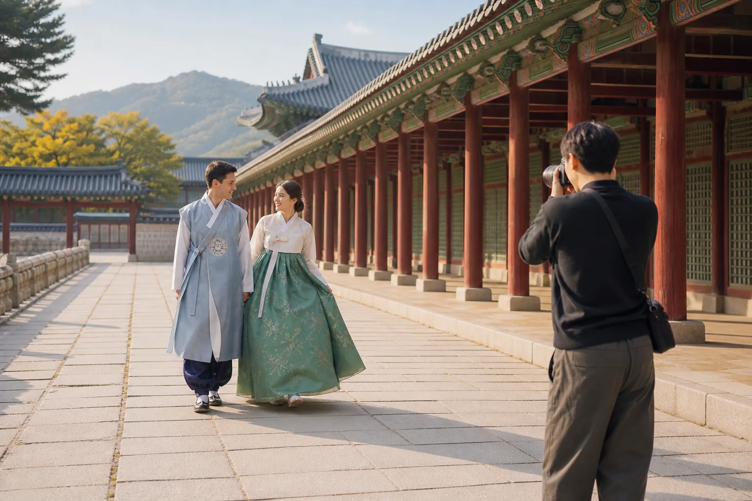 경복궁 한복 스냅의 분위기를 표현한 AI 제작 이미지입니다. 실제 촬영 실적이 아닙니다.