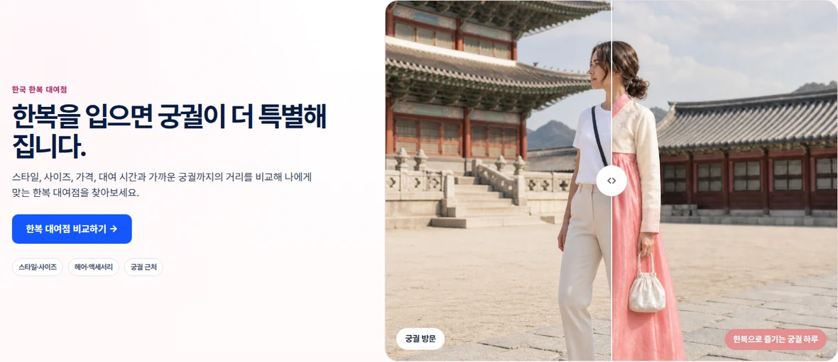 피글맵 고객용 한복 페이지에서 궁궐 방문 전후 모습을 비교하는 화면