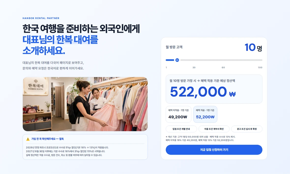 피글맵 한복 대여점 입점 페이지의 2026년 프로모션과 정산 비교 화면