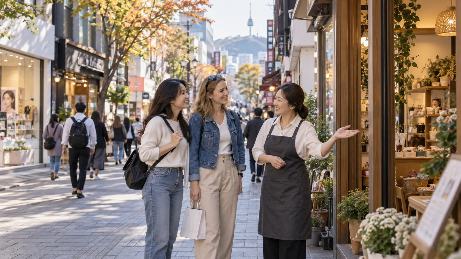 명동 상점가를 모티프로 한 거리에서 매장 사장님이 두 외국인 여행객을 맞이하는 장면