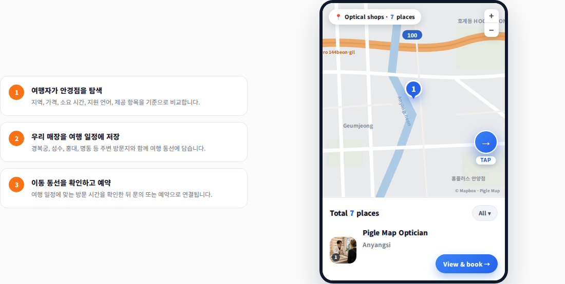피글맵에서 외국인 여행객이 안경점을 찾고 여행 일정에 저장한 뒤 예약하는 노출 흐름
