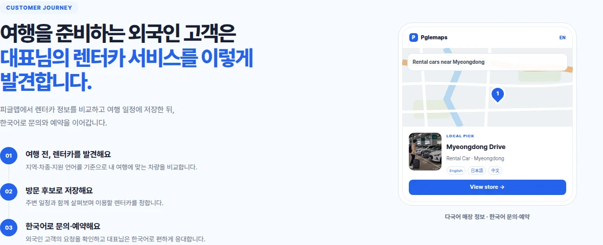 외국인 고객이 피글맵에서 렌터카를 발견하고 저장한 뒤 한국어 문의와 예약으로 이어지는 화면