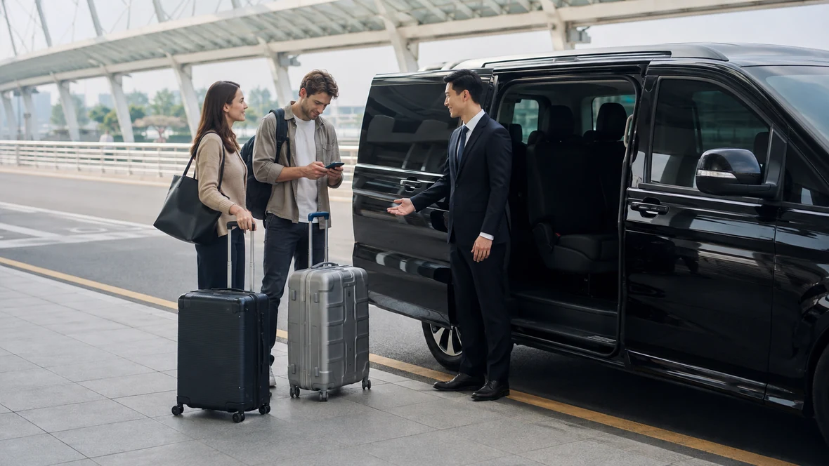 공항 도착층에서 캐리어를 든 외국인 여행객을 안내하는 픽업 기사와 승합차