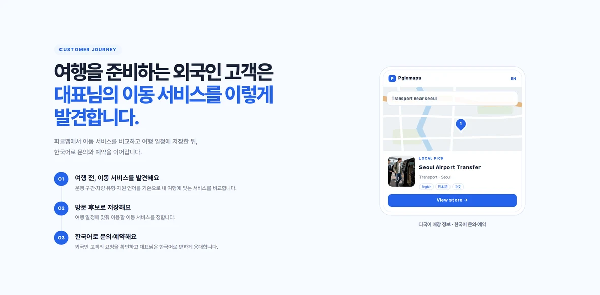 외국인 고객의 이동 서비스 발견과 한국어 문의 예약 흐름을 보여 주는 피글맵 파트너스 교통 페이지