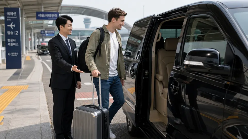 한국 공항에서 외국인 여행객을 맞이하는 공항 픽업 차량과 기사